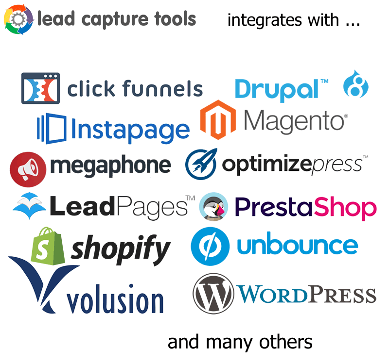 integrates with; clickfunnels, drupal, instapage, magento, megaphone, optimizepress, leadpages, prestashop, shopify, unbounce, volusion, wordpress and virtually any other service