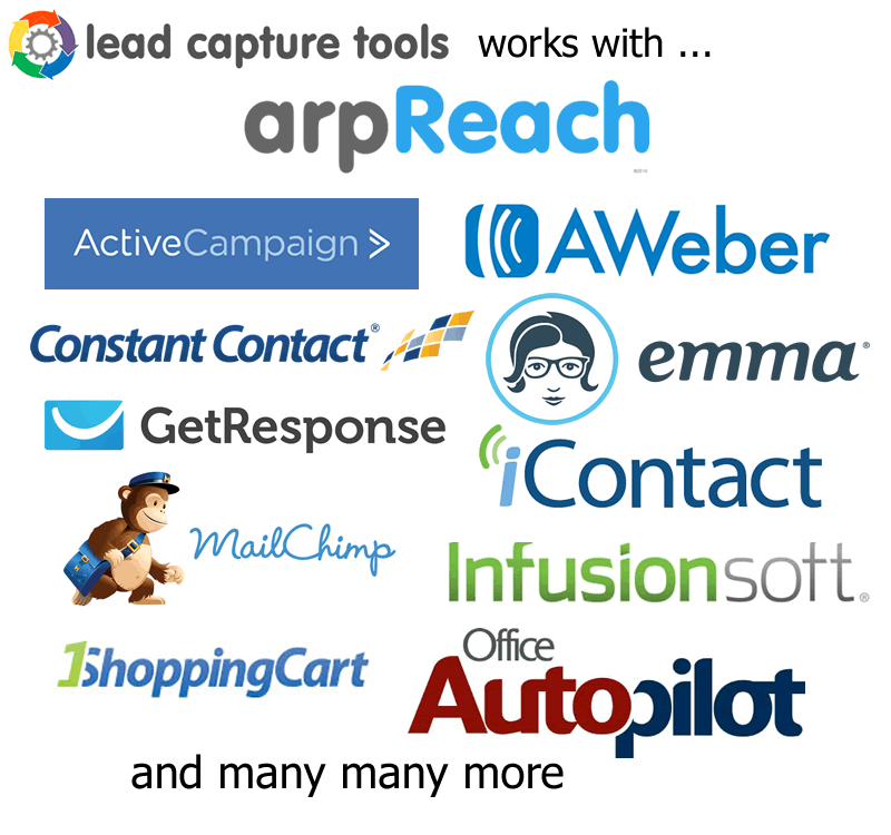 works with; arpreach, active campaign, aweber, constant contact, emma, get responpse, icontact, mailchimp, infusionsoft, 1shopping cart, office auto pilot and many more
